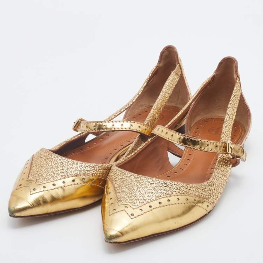 Tory Burch Gold Leather Bernadette Pointed Toe Mary Jane Ballet Flats